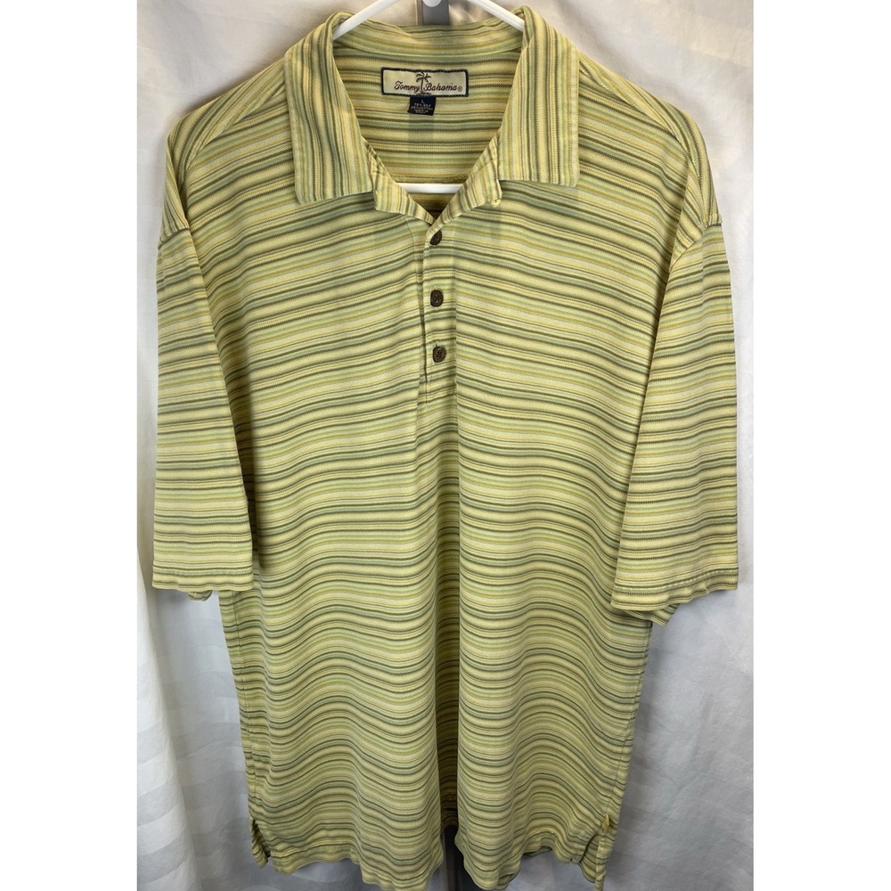 Tommy Bahama Silk Blend Camp Shirt Striped Button Up SS Men L Yellow Green